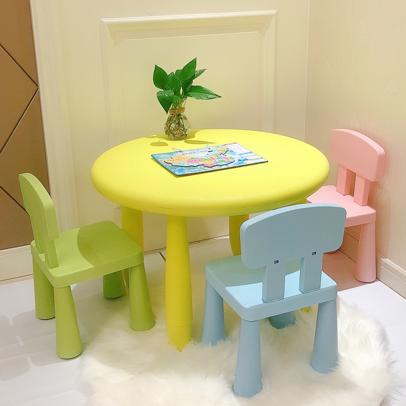 Non-Slip Round Table, Chair and Stool Plastic Kindergarten Table and Chair Home Toy Table and Chair Set Kidsren's Writing and Painting Table W&
