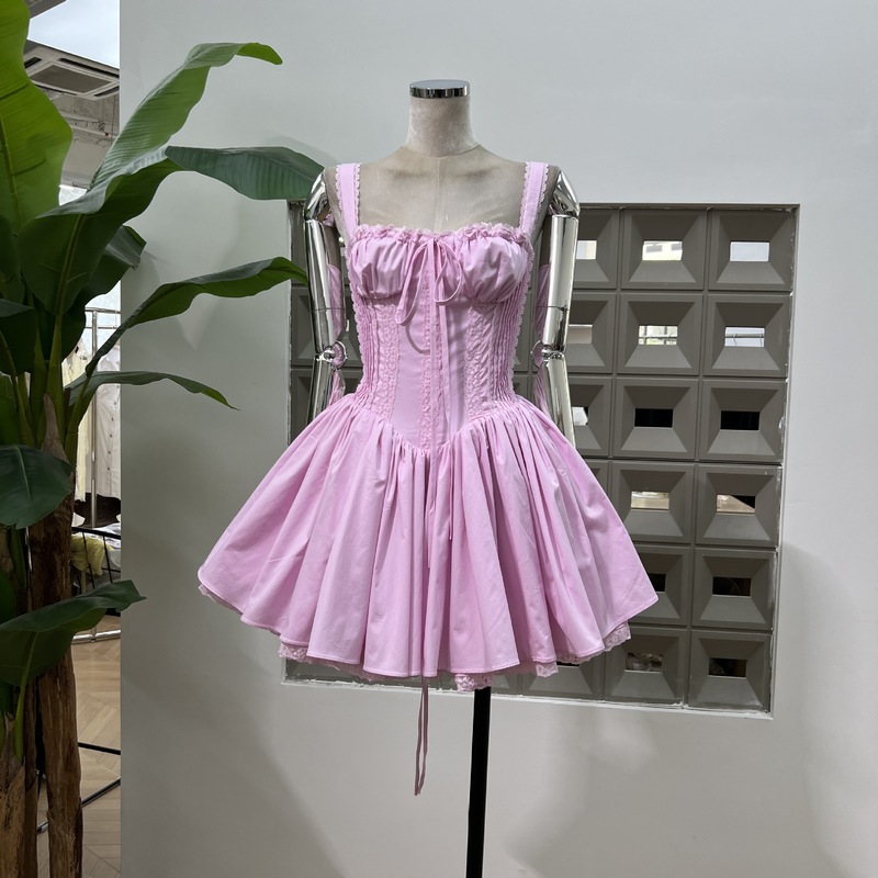 Amazon Girl Sweet Summer 2025 新しいスタイルのレースアップウエストオルガンプリーツバレエスタイルドーパミンドレス|undefined