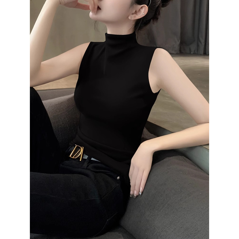 Women's Cotton Semi-high Collar Vest for Summer New Sleeveless Shirt for Inner Wear Black High-end Top for Outer Wear