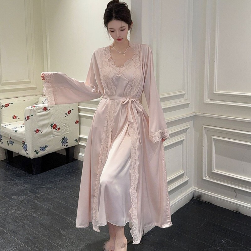 Pajamas Ice Silk Women's Spring New Sling Nightgown Long-sleeved Nightgown Two-piece Set Sexy Imitation Silk Pajamas Exlongation Pajamas Ice Silk Women's Spring New Sling Nightgown Long-sleeved Nightgown Two-piece Set Sexy Imitation Silk Pajamas Exlongation