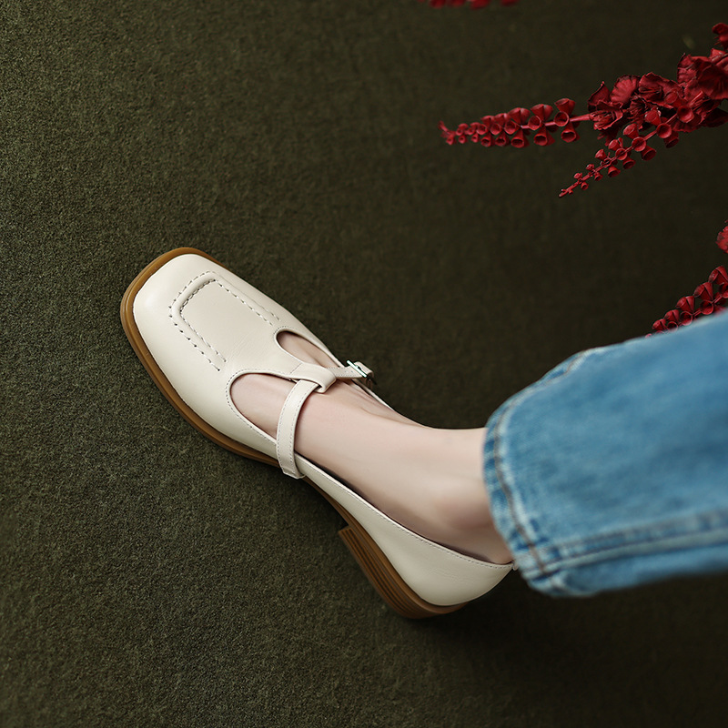 Demi-season retro Mary Jane shoes square toe low-cut