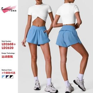 跑步运动口袋短裤网球服女透气休闲短袖上衣健身套装跨境现货
