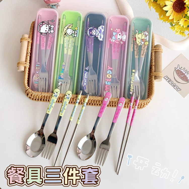 Набор столовых приборов из нержавеющей стали 410 в японском стиле: ложка, вилка и палочки для еды (3 предмета), портативный, для путешествий, студенческий набор для обеда