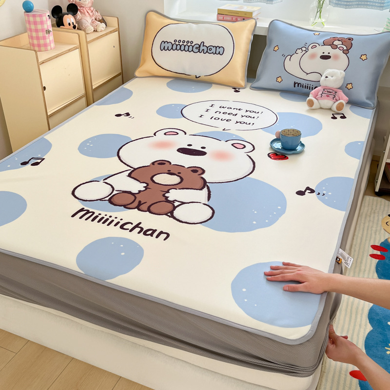Sombrilla de cama de seda de hielo de verano, cubierta protectora de colchón para niños todo incluido, dormitorio, cubierta de cama individual, juego de tres piezas