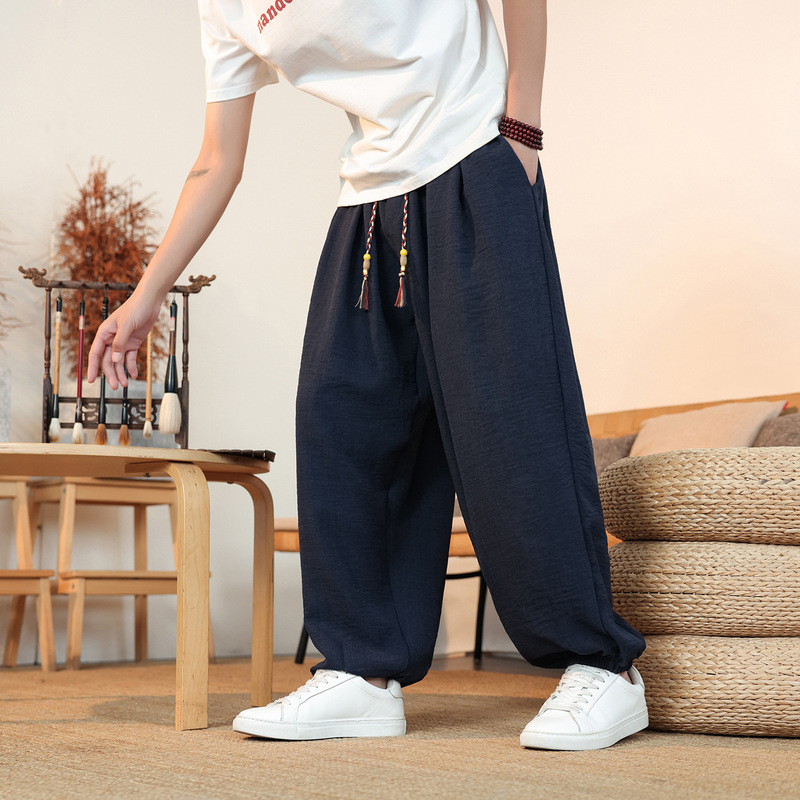 2026 New Chinese Style Men's Summer Large Size Loose Versatile Thin Linen Harem Wide-Leg Casual Long Pants