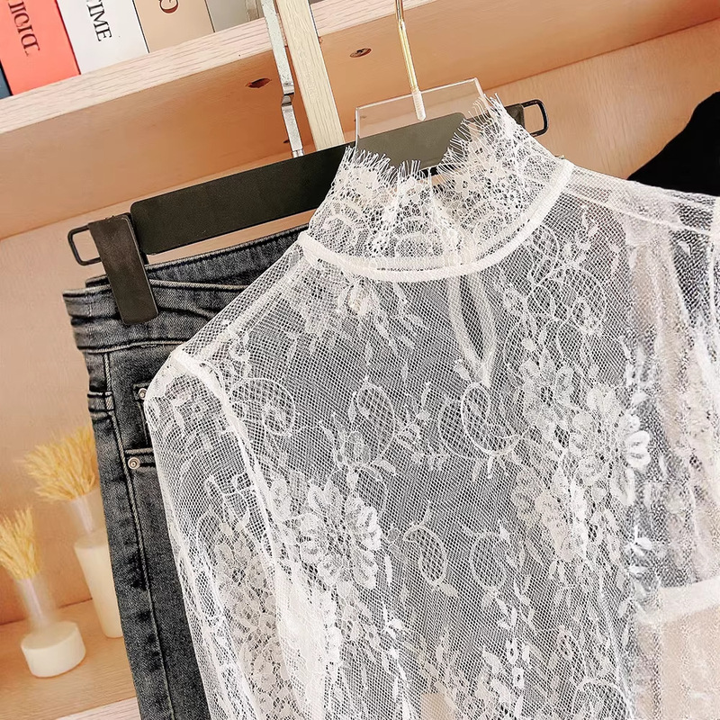 Eyelash Lace Long-Sleeved Bottoming Shirt for Women, Spring and Autumn Thin Sexy Hollow-Out Inner Wear, Stylish High-Neck Mesh Top Eyelash Lace Long-Sleeved Bottoming Shirt for Women, Spring and Autumn Thin Sexy Hollow-Out Inner Wear, Stylish High-Neck Mesh Top