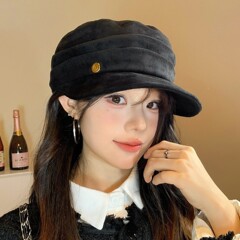 日系复古丝绒黑色贝雷帽女秋冬时尚百搭八角帽大头围显脸小画家帽