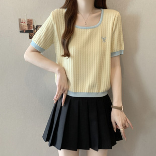 Plus Size Sweet Embroidered Bow U-Neck Knitwear Women's Summer New Contrast Color Slimming Look Versatile Short-Sleeved T-Shirt Short Style