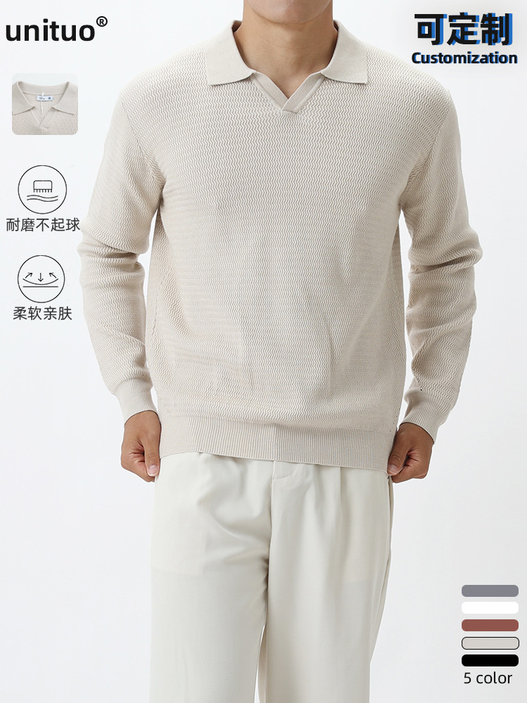 Comercio exterior transfronterizo gaviota collar otoño invierno manga larga punto polo hombre texturas de alta calidad antiarrugas suéter de cuello en V al por mayor