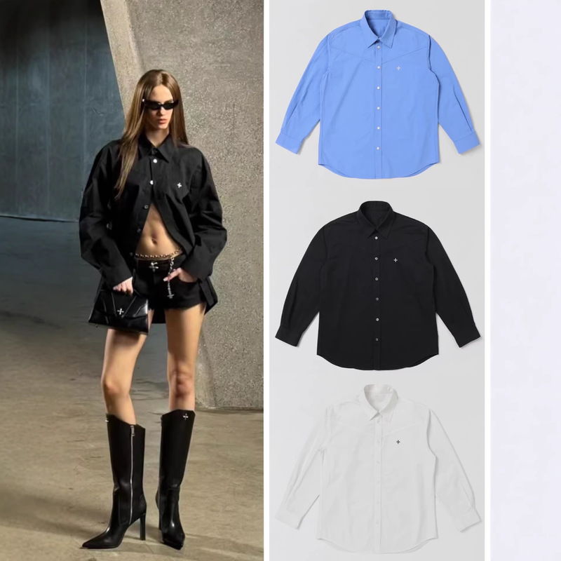 Sk Cross Badge Work Shirt Cotton Casual Blue Shirt Spring Season