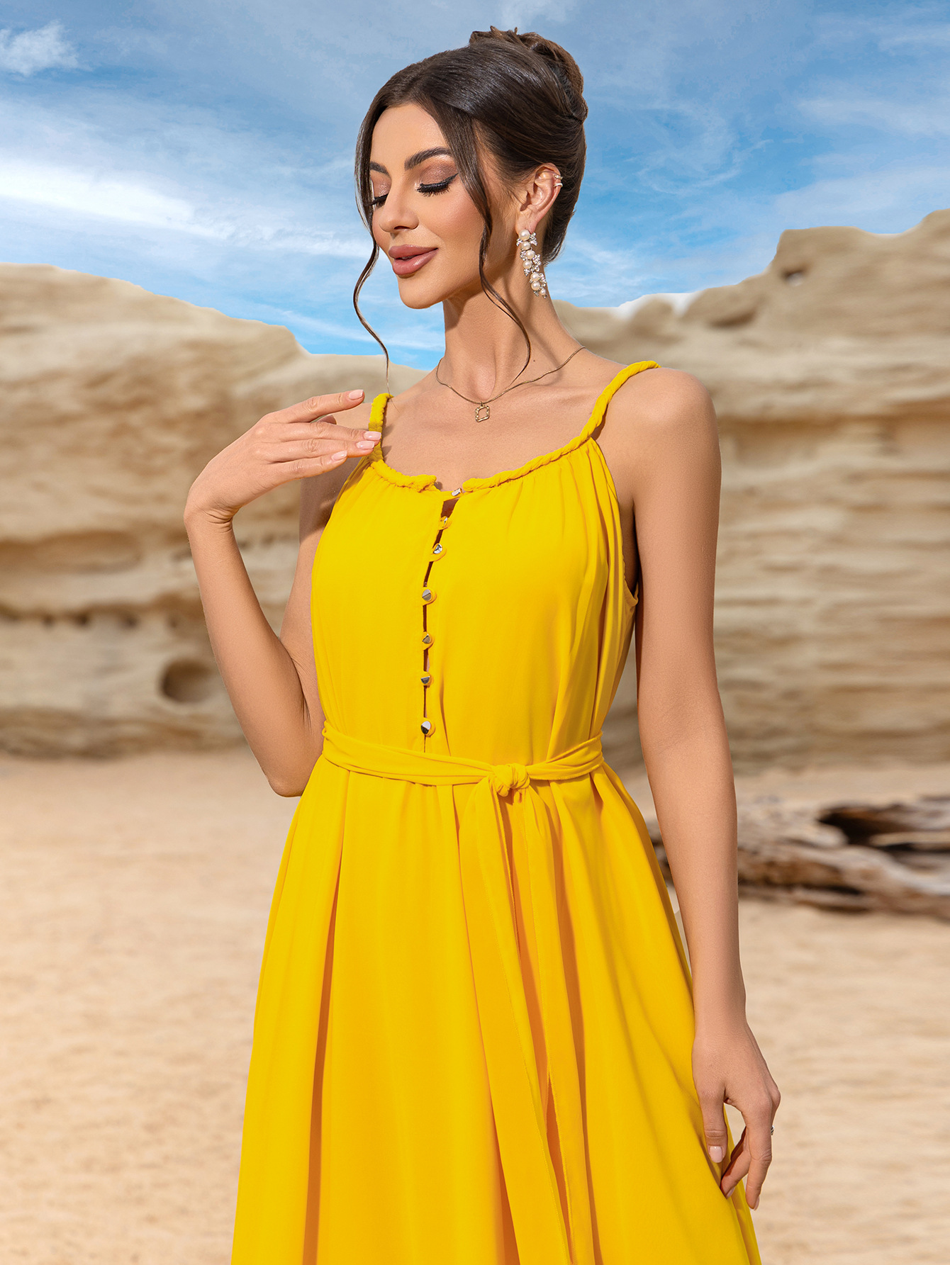 Verano nuevo estilo Bali playa vacaciones amarillo playa falda mujer retro delgado vestido coreano super hada falda larga