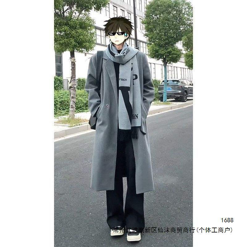 2026 New Men's Woolen Mid-Length Over-the-Knee Trench Coat, Korean Style, Trendy, Loose Fit, Warm