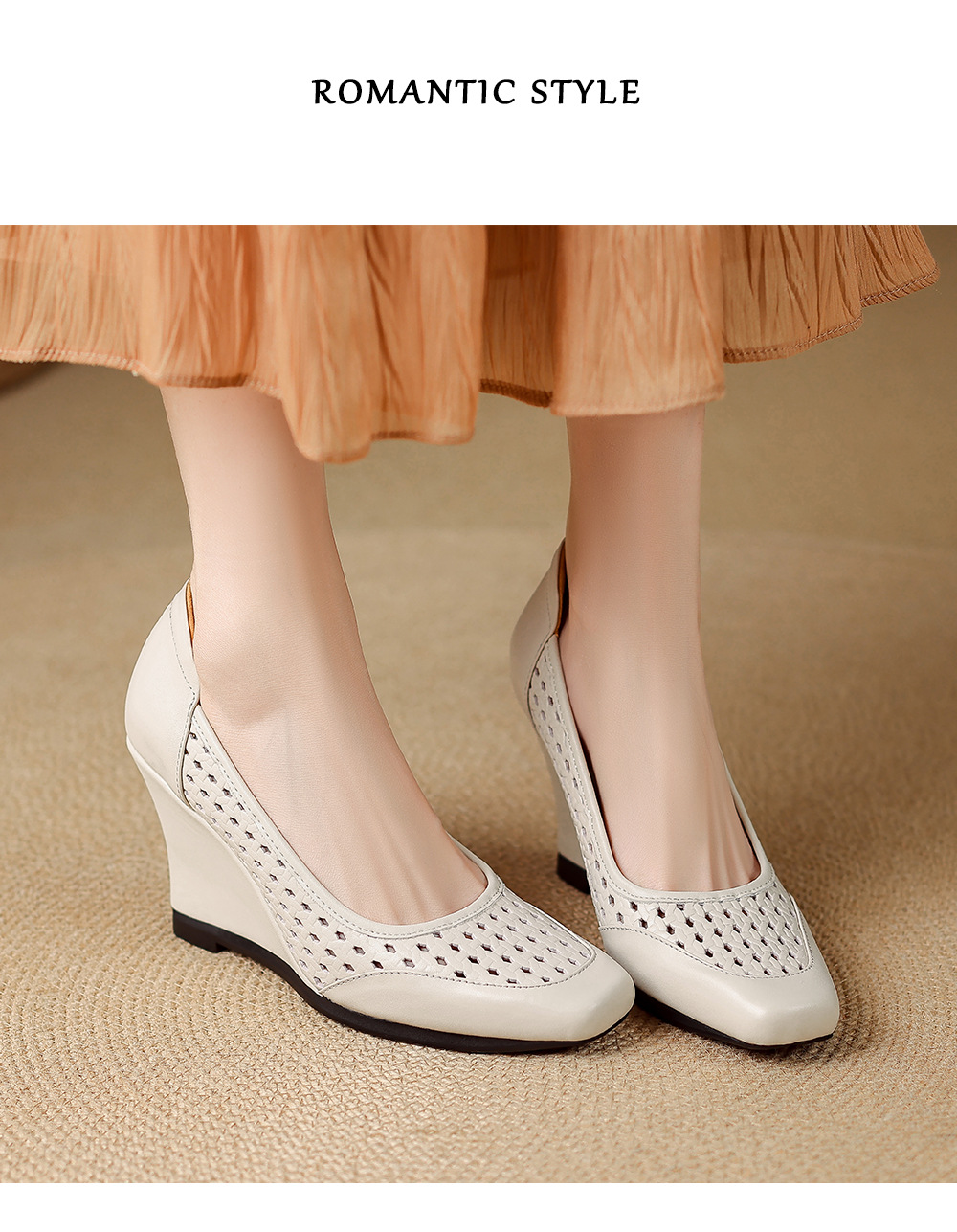 Giày sandal nữ da thật mũi vuông gót xuồng thấp, xỏ chân thoáng khí đi làm — màu trắng ngà, màu mơ chi tiết 9