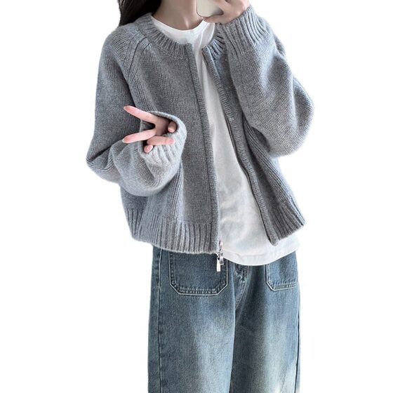 Japanese and Korean Style Casual Short Knitted Cardigan Women's 2024 Spring and Autumn Gray Double Zipper Crewneck Sweater Coat 1183