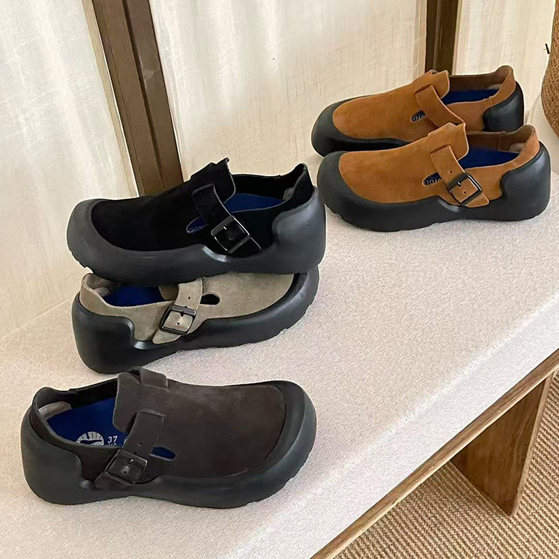 Henan Sangpo Retro Birkenstock-Style Shoes, Genuine Leather Suede, Comfortable, Versatile, Casual, Breathable Slip-On Loafers for Women, Export