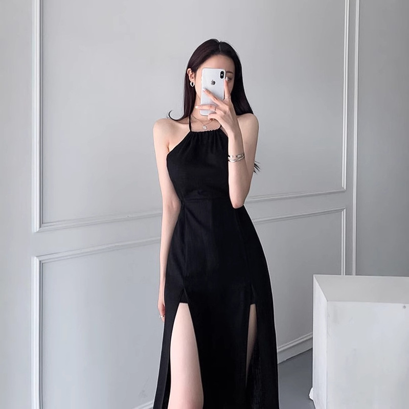 Korean Chic French Retro Elegant Halterneck Off-Shoulder Design Slim Long Side High Slit Dress for Women