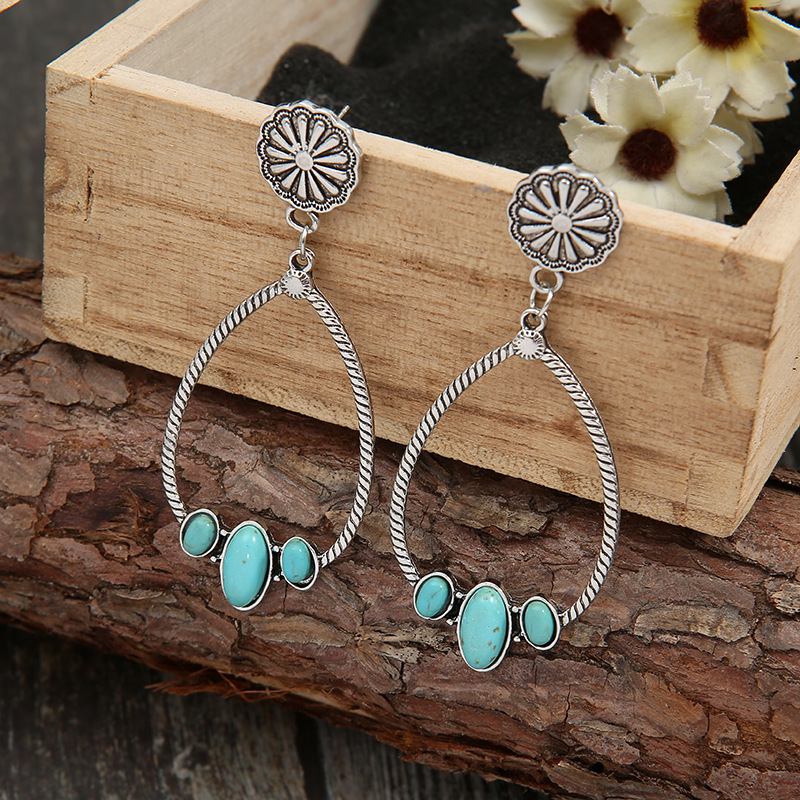 Ethnic Style Water Droplets Chrysanthemum Alloy Inlay Turquoise Women's Drop Earrings display picture 3
