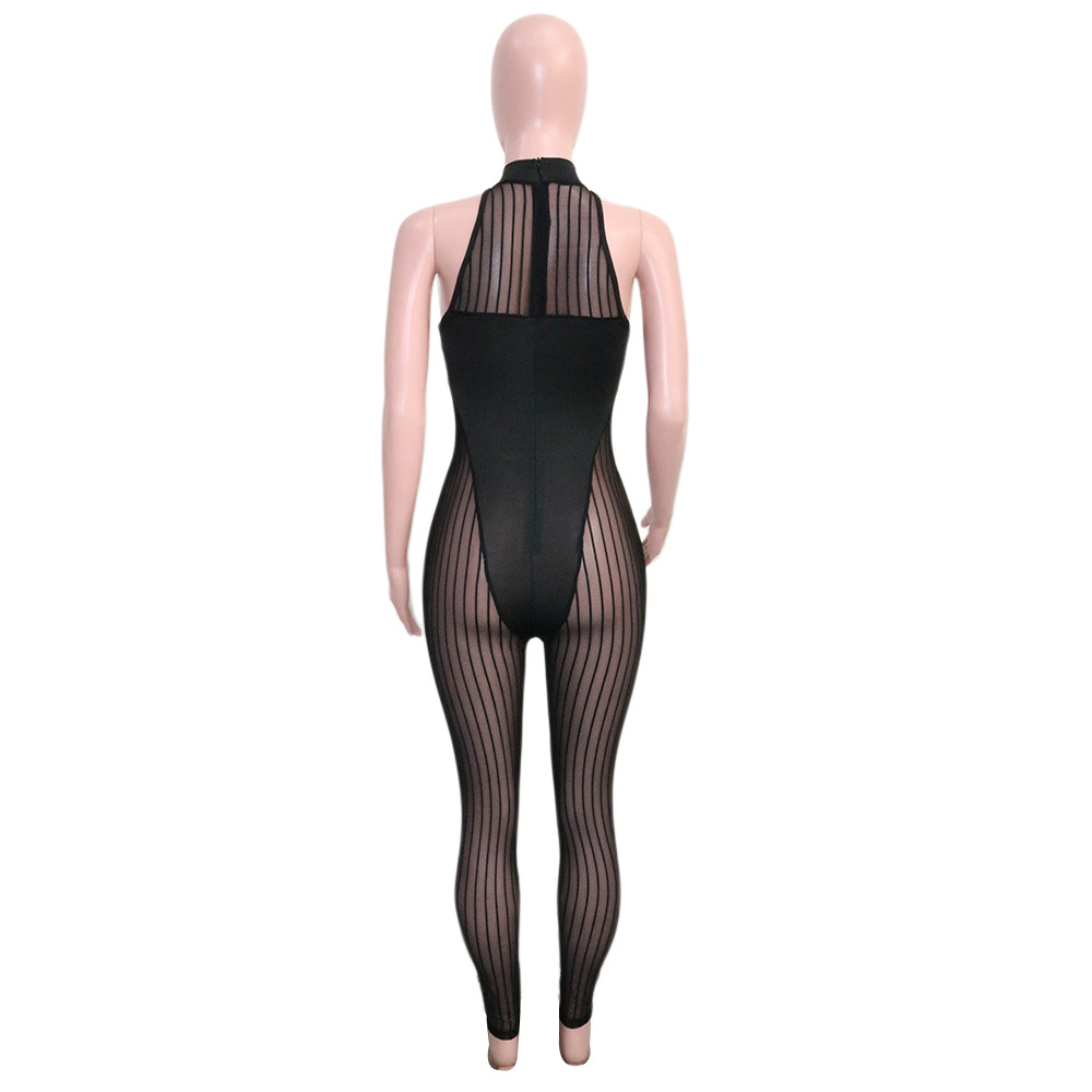 Sexy Bold Stripes Mesh See-through Sleeveless round Neck Jumpsuit for Women