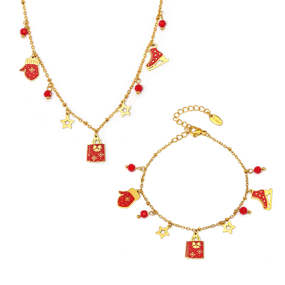 Square Sugar Enamel Christmas Element Pendant Necklace, Women's Bracelet, Stainless Steel Furnace PVD Set_voghion.com