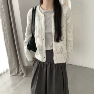 法式风镂空设计感圆领针织开衫女简约高级感百搭薄款长袖罩衫上衣