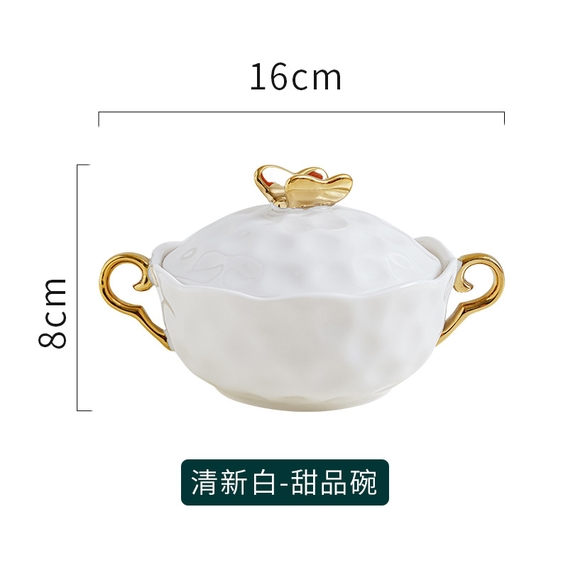 Cuenco de postre de agua de azúcar de cerámica set hogar Nido de Pájaro estofado tazón de sopa Internet celebridad una persona comida doble oreja tazón con tapa tazón de desayuno