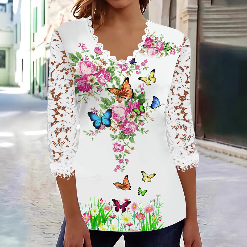 2025 New Cross-Border European and American Elegant Women's Floral Print Lace Patchwork Top T-Shirt