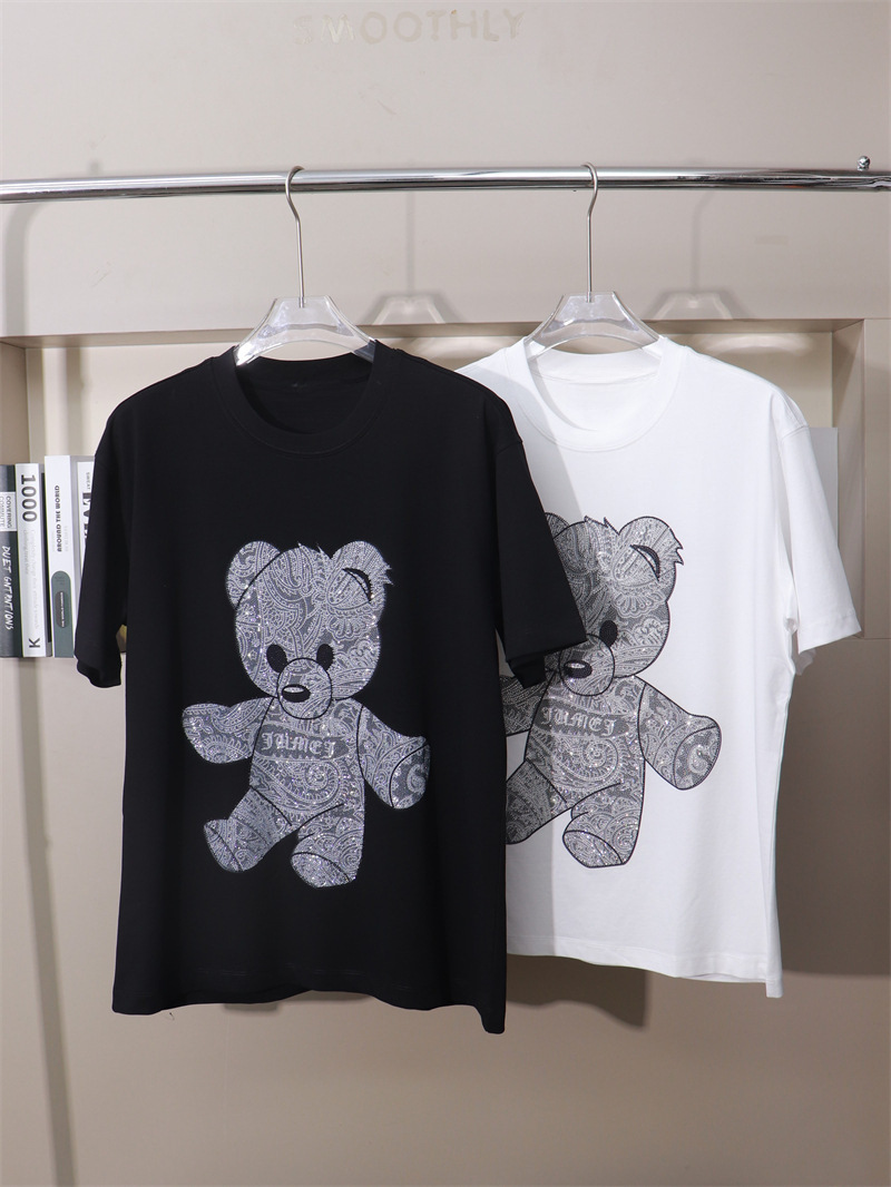 Estación de Guangzhou Xigao mercancías de la industria pesada impresión caliente gris diamante oso algodón media manga suelta manga corta Camiseta más tamaño gordo hombre gordo