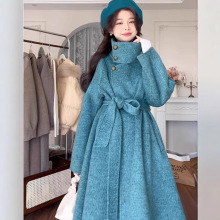 兰芝蓝屿海湾2024新款立领双面羊毛大衣女长款系带羊绒  240859