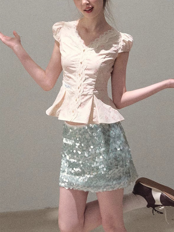 Oakmo 棉蕾丝V领少女感收腰显瘦修身设计感衬衫上衣|undefined