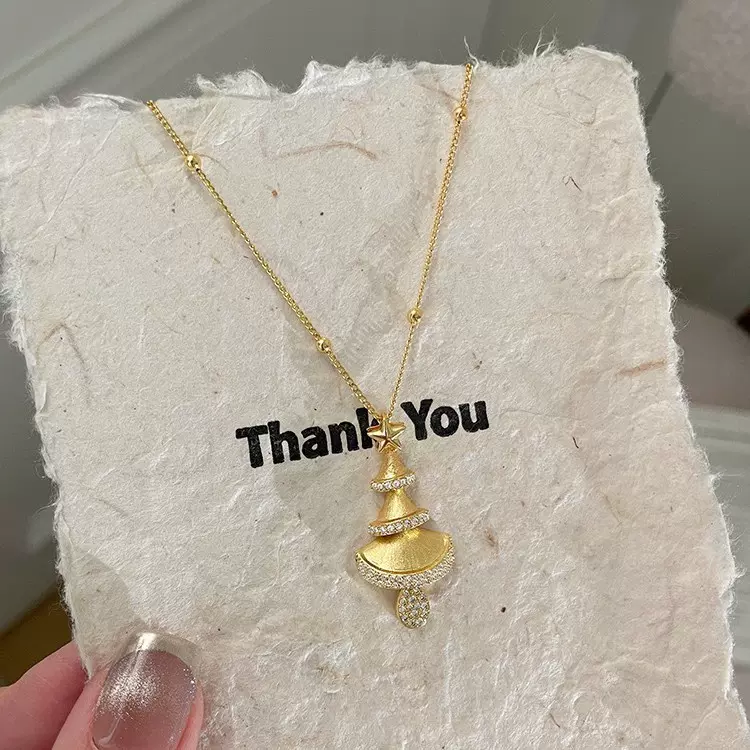 精致金色拉丝圣诞树星星项链女气质可爱微镶锆石星星设计锁骨链