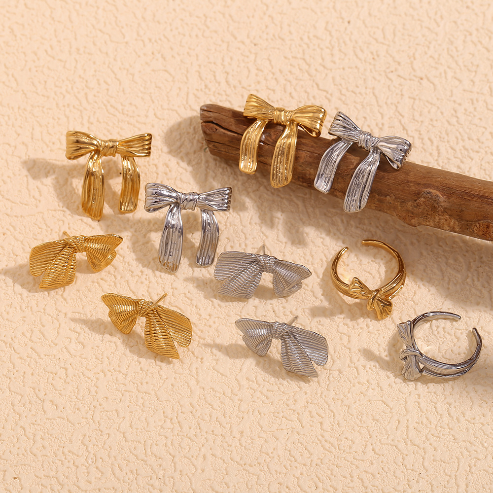 Bow Ribbon Stainless Steel Earrings And Ring