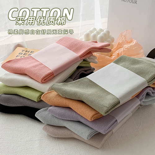 New arrival mid-calf socks for girls—sweat-wicking, solid-color cotton socks with a soft, casual design—versatile, straight-cut, and perfect for stacking. Zhuji-made socks.