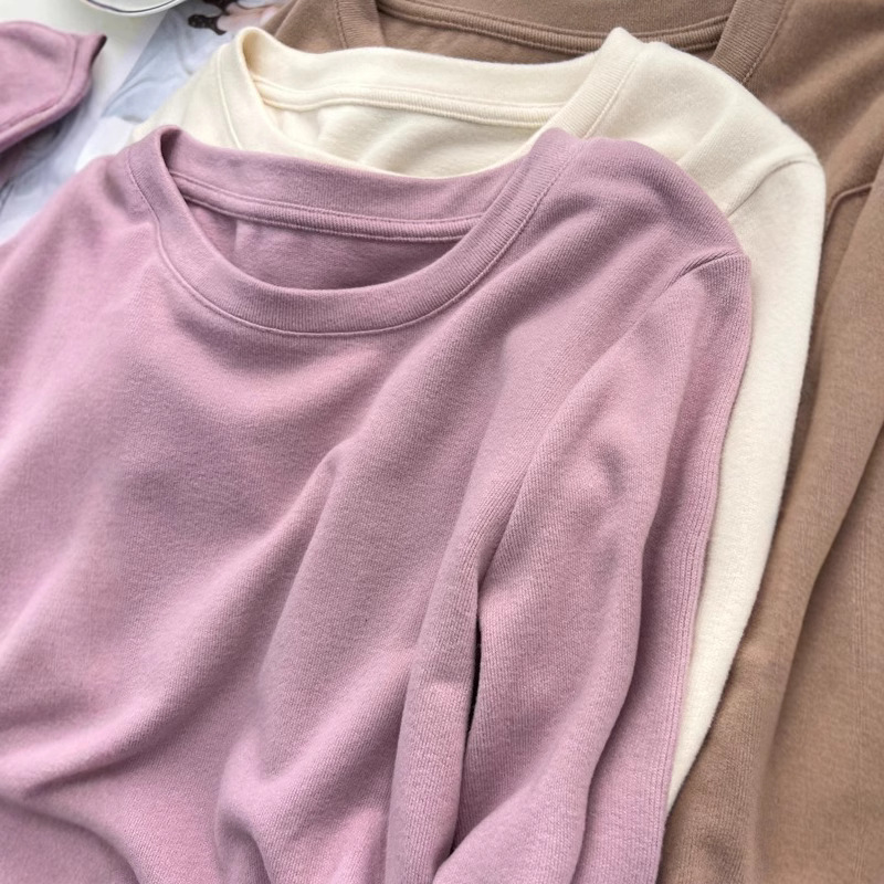 Double-Sided Velvet Soft Round Neck Base Shirt Women's Autumn and Winter fleece-lined Warm Gentle Solid Color Long-Sleeved T-Shirt Top