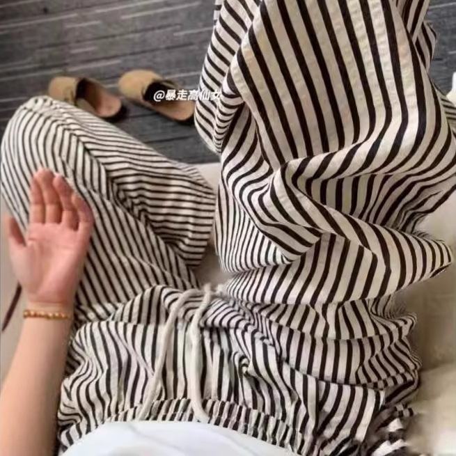 Pinstripes Wide-Leg Pants Women Summer Thin Loose Drawstring Lazy Home Casual Pants Outdoor Sun Protection Straight Long Pants