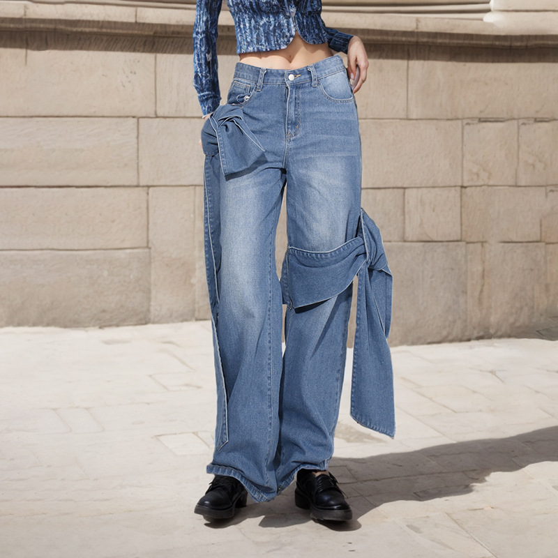 Women's Clothing style autumn street trend fashion splicing design bow loose straight jeans_mkmklike.com