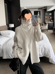 韩系欧尼双拉链高领毛衣外套女秋冬新款宽松慵懒风内搭针织开衫厚