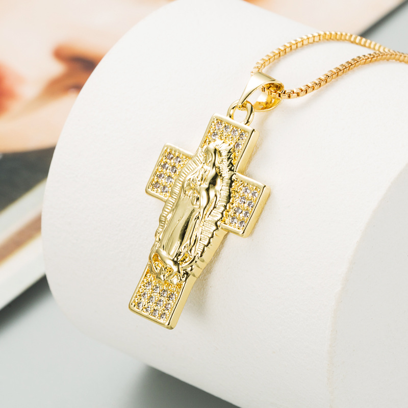 retro Virgin Mary cross pendant copper inlaid zircon necklace
