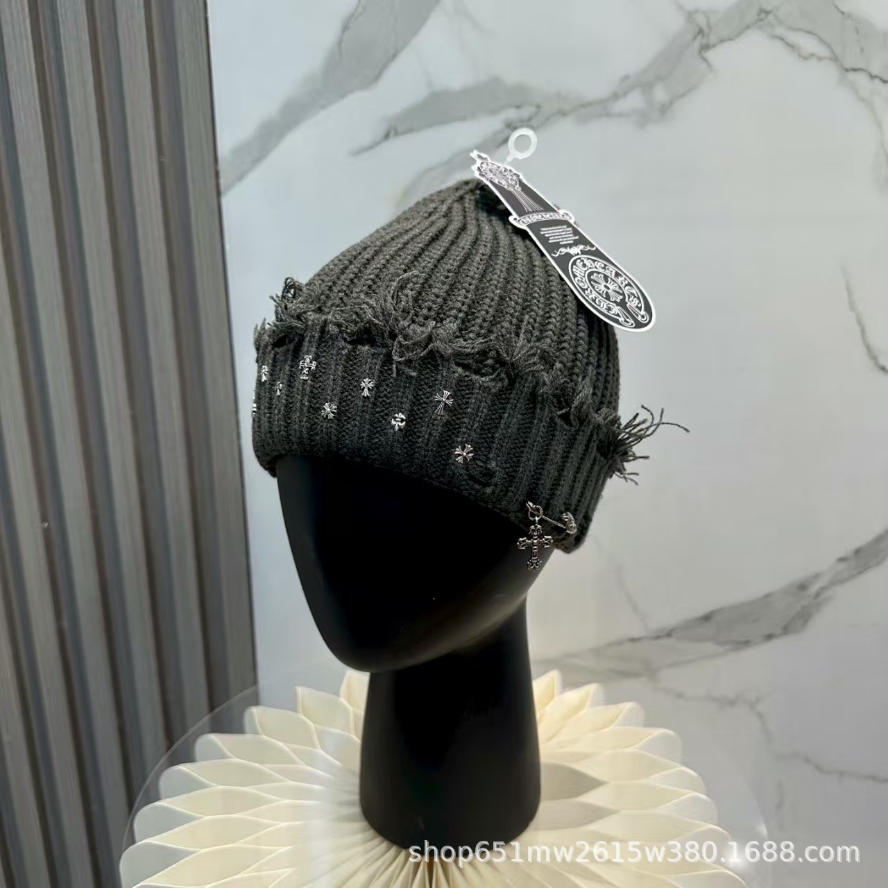 Chrome Hearts Plus Cross Studded Distressed Beanie Charcoal