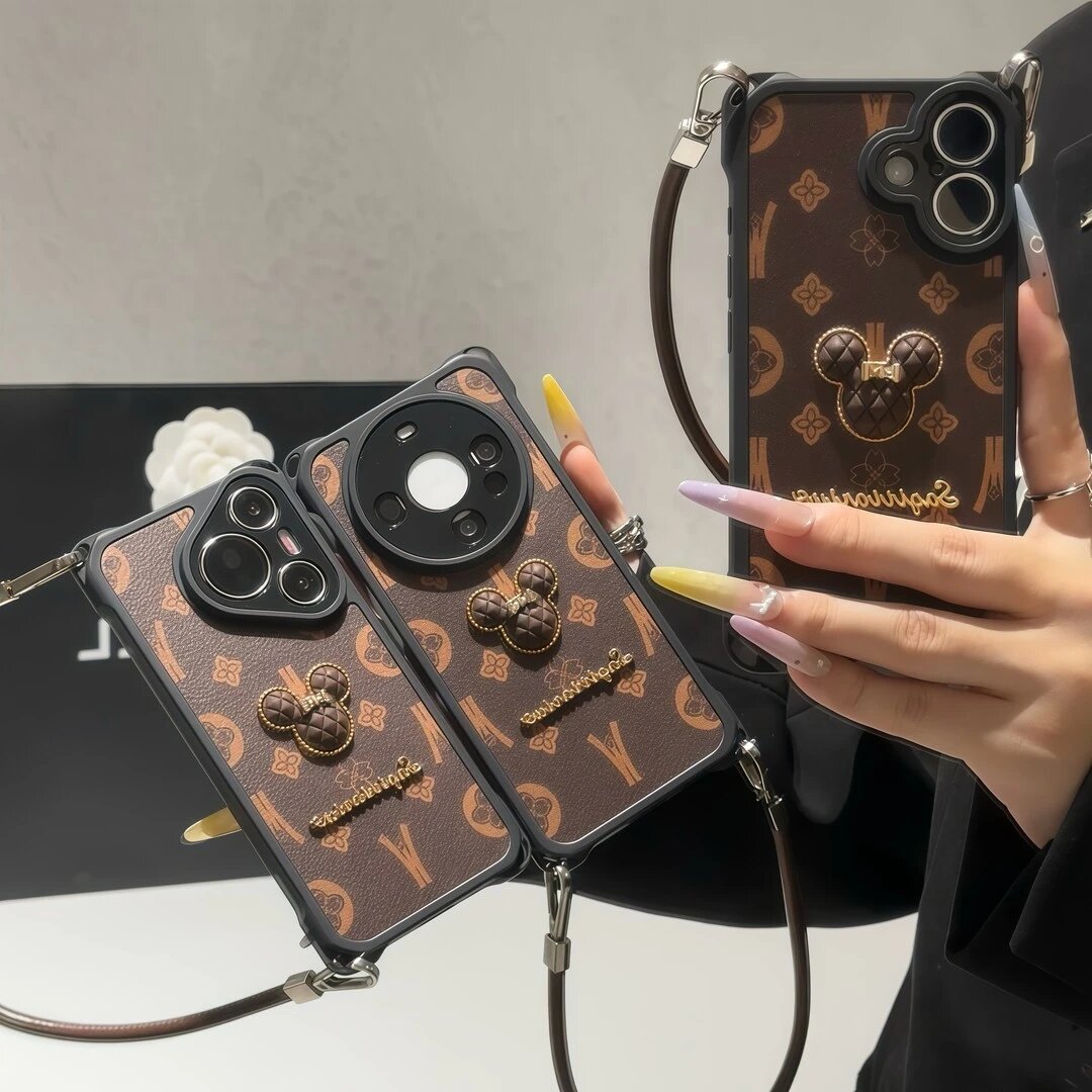 适用复古花纹苹果16pm手机壳新款iphone17promax斜挎带挂绳潮流