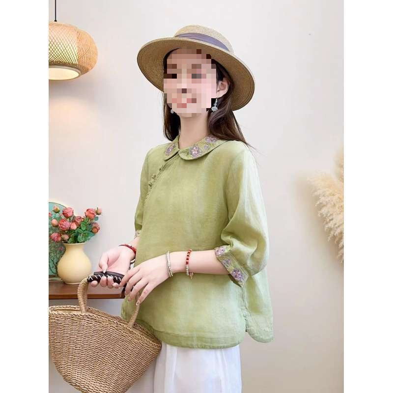Summer New Retro Literary Ethnic Style Lapel Shirt with Diagonal Placket Chinese Style Button Women's Cotton and Linen Tea Suit Top for Women Summer New Retro Literary Ethnic Style Lapel Shirt with Diagonal Placket Chinese Style Button Women's Cotton and Linen Tea Suit Top for Women