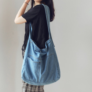Japanese brand denim capacious shopping bag, shoulder bag, cloth bag for leisure, one-shoulder bag