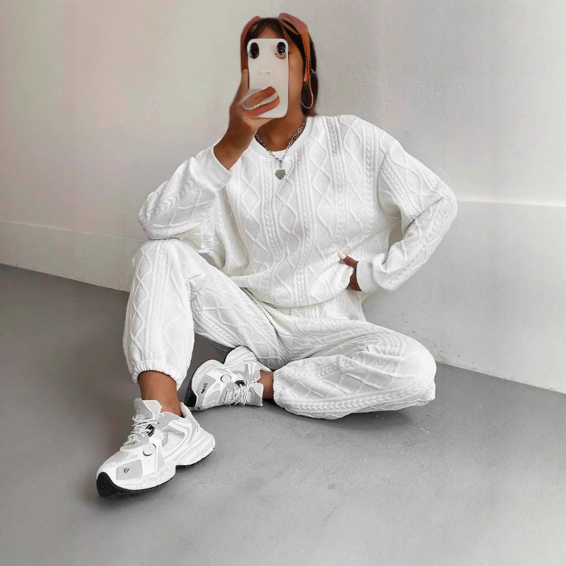 2025 Autumn/Winter European and American Women's Fashion Cross-Border New Versatile Ribbed Jacquard Long Pants Casual Two-Piece Set Comfortable and Casual