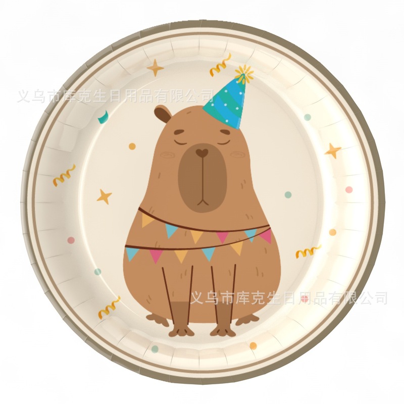 跨境新款卡皮巴拉卡通水豚主题儿童生日派对纸盘桌布纸巾拉旗套装|undefined