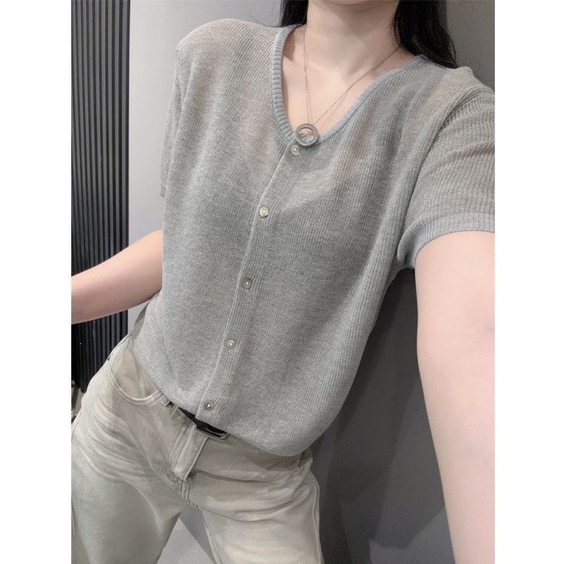 Áo cardigan dệt kim tay ngắn cổ V chất liệu băng lụa mỏng mùa hè — màu xám chi tiết 8