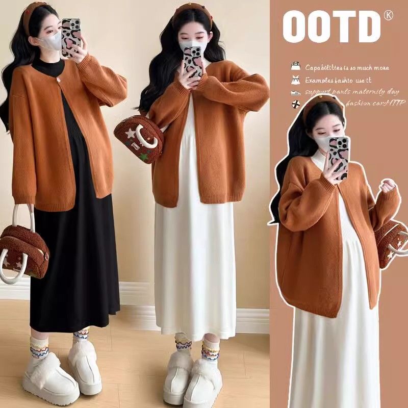 Maternity Autumn Outfit Set 2026 New Autumn and Winter Dress Sweater Cardigan Skirt Women's Two-Piece Set Summer Lazy Style