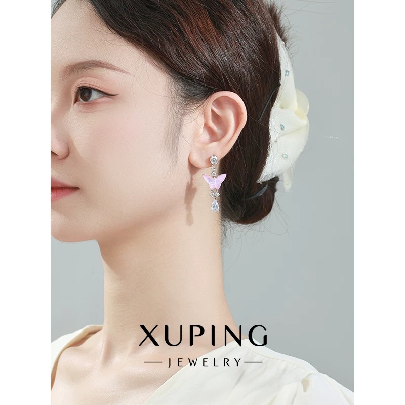 Xuping imitación de la serie de cristal mariposa rosa goteo de aretes de bordilla ligero lujoso elegante suave viento auriculares para mujeres al por mayor