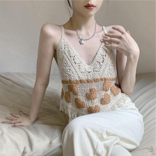 Ethnic Style Knitted Hollowed-out Suspender Top Women's Design Sense Tassel V-Neck Retro Outerwear Shortlet
