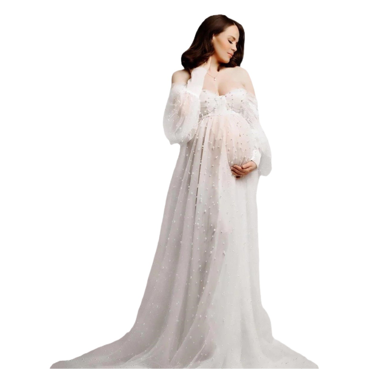Cross-border 23 Photo Portrait Pregnant Women Photo Clothing Skirt Photo Studio Photo Soft Net Bead Lace-up Fairy Pregnant Mommy Dress