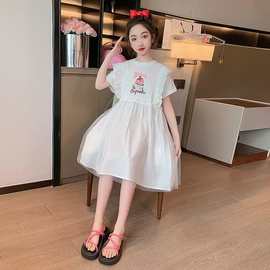 女童短袖连衣裙夏季儿童洋气可爱甜美公主裙女宝宝拼接网纱裙夏装