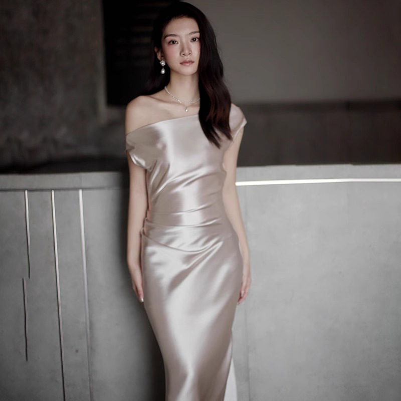French Satin Champagne Gold Slant Shoulder Evening Dress 2025 New Engagement Presenter Little Dress dress